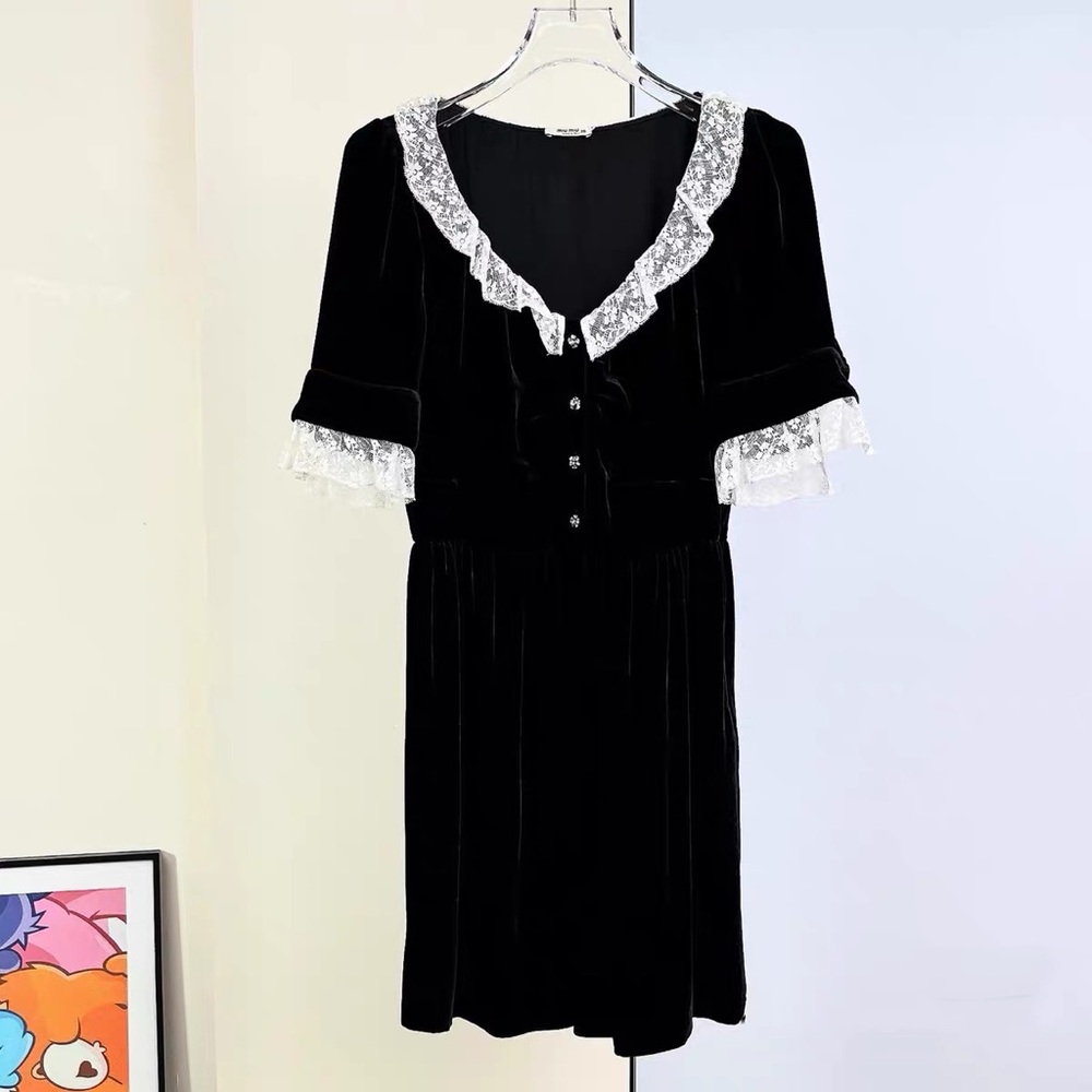 Authentic Miu Miu Black Dress with White Lace Trim